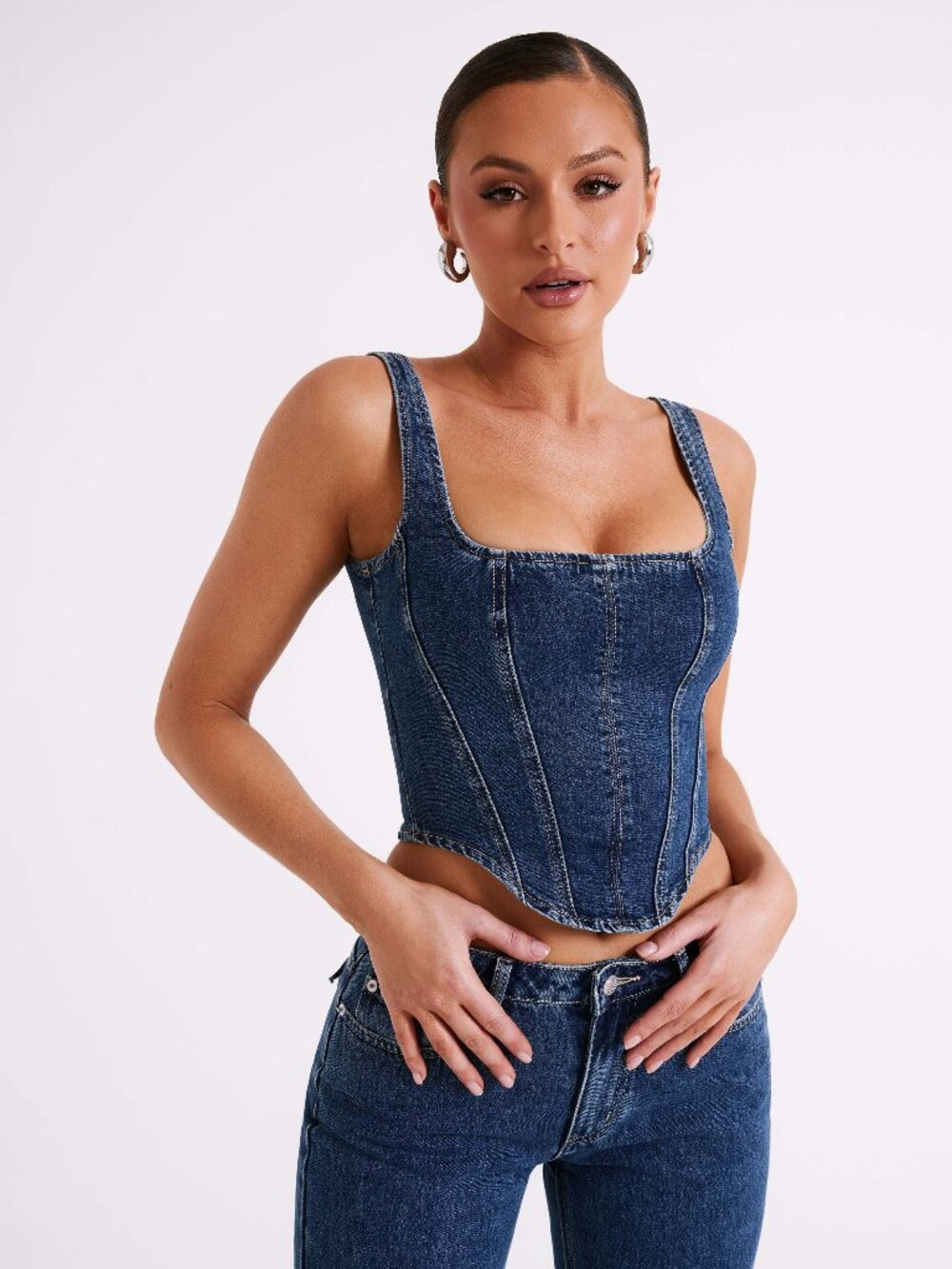 Bianca Denim Lace Up Corset - Dark Blue Size: L